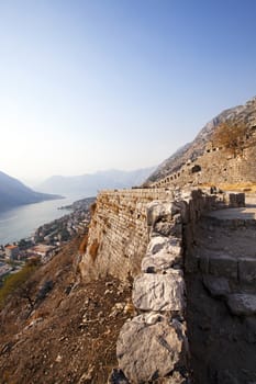   the ruins of the fortress located on the mountain about the city of Kotor, Montenegro