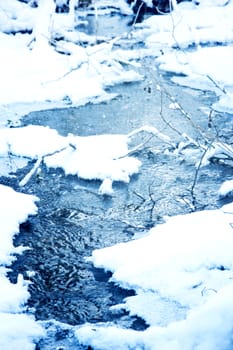 Winter conceptual image. Winter stream with icy water.
