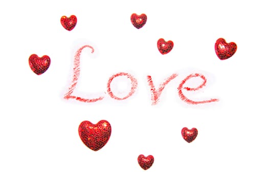 Love at valentines day. Love word with hearts on white background.