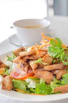 Chicken salad with tomatoes, lettuce and fresh vegetable  in the white plate