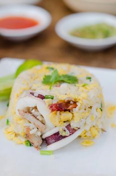 close up Fried rice with shrimp and squid