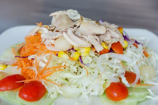 close up chicken and fresh vegetable salad with creamy sauce