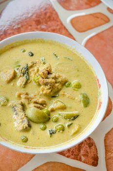 Green Chicken Curry in bowl on wooden background ,Thai cuisine