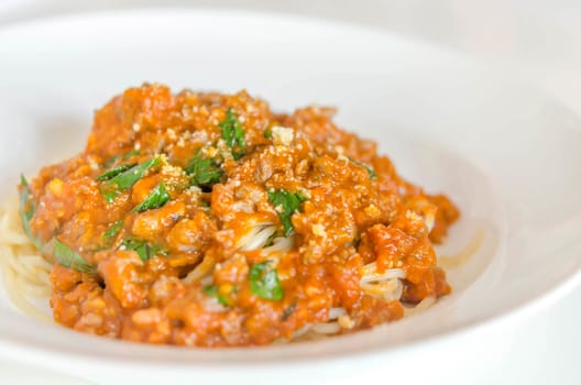 Spaghetti with minced meat and vegetables , tomato sauce