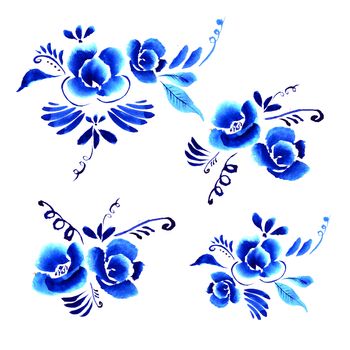 Abstract  floral background, pattern with folk art flowers, blue white gzhel ornament. Can be used for banner, card, poster, invitation, label, menu, page decoration or web design