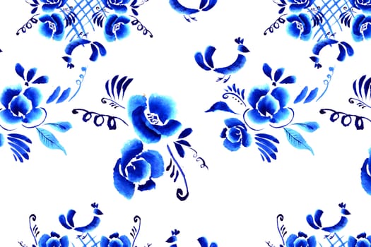 Abstract  floral background, pattern with folk art flowers, blue white gzhel ornament. Can be used for banner, card, poster, invitation, label, menu, page decoration or web design