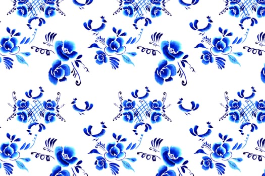 Abstract  floral background, pattern with folk art flowers, blue white gzhel ornament. Can be used for banner, card, poster, invitation, label, menu, page decoration or web design
