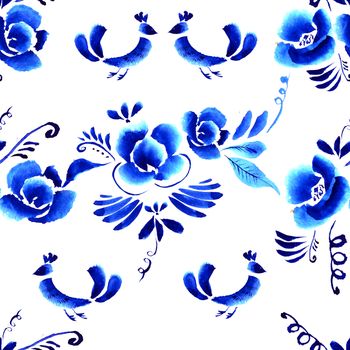 Abstract  floral background, pattern with folk art flowers, blue white gzhel ornament. Can be used for banner, card, poster, invitation, label, menu, page decoration or web design