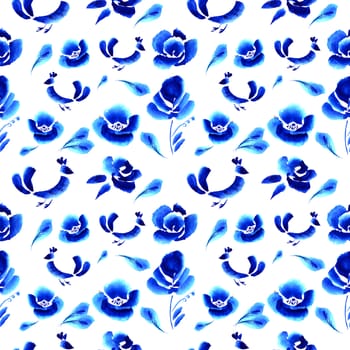 Abstract  floral background, pattern with folk art flowers, blue white gzhel ornament. Can be used for banner, card, poster, invitation, label, menu, page decoration or web design