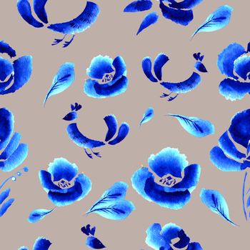 Abstract  floral background, pattern with folk art flowers, blue white gzhel ornament. Can be used for banner, card, poster, invitation, label, menu, page decoration or web design