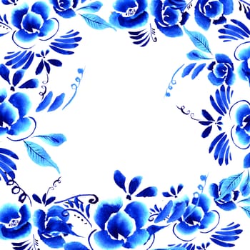 Abstract  floral background, pattern with folk art flowers, blue white gzhel ornament. Can be used for banner, card, poster, invitation, label, menu, page decoration or web design