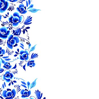 Abstract  floral background, pattern with folk art flowers, blue white gzhel ornament. Can be used for banner, card, poster, invitation, label, menu, page decoration or web design