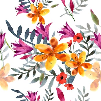 Wildflowers blooming delicate flowers background painted  watercolors. Raster illustration