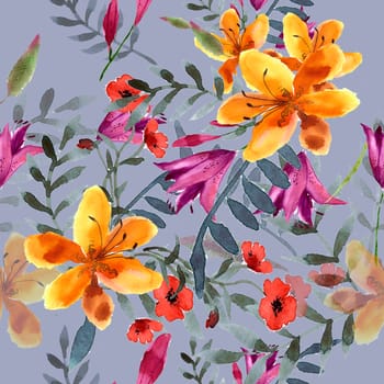 Wildflowers blooming delicate flowers background painted  watercolors. Raster illustration