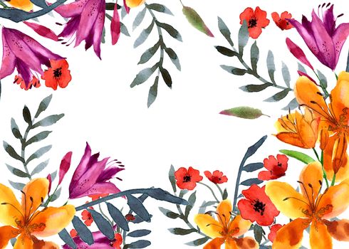 Wildflowers blooming delicate flowers background painted  watercolors. Raster illustration