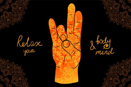 Element yoga Prithivi mudra hands with mehendi patterns. Vector illustration for a yoga studio, tattoo, spa, postcards, souvenirs. 