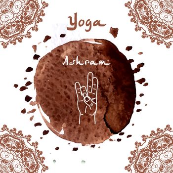 Element yoga Prithivi mudra hands with mehendi patterns. Vector illustration for a yoga studio, tattoo, spa, postcards, souvenirs. 