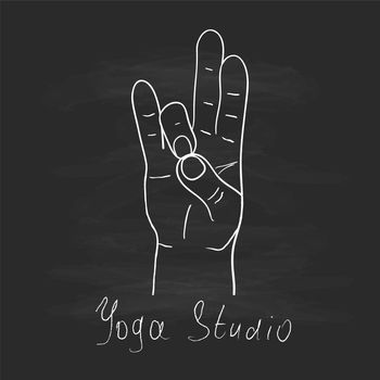 Element yoga Prithivi mudra hands with mehendi patterns. Vector illustration for a yoga studio, tattoo, spa, postcards, souvenirs. 