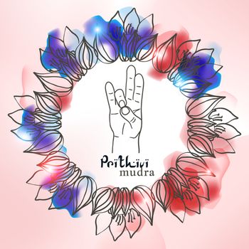 Element yoga Prithivi mudra hands with mehendi patterns. Vector illustration for a yoga studio, tattoo, spa, postcards, souvenirs. 