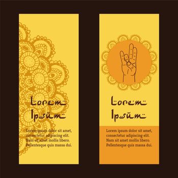 Element yoga Prithivi mudra hands with mehendi patterns. Vector illustration for a yoga studio, tattoo, spa, postcards, souvenirs. 