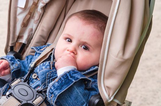 Little child baby in a baby carriage on a walk in nature.