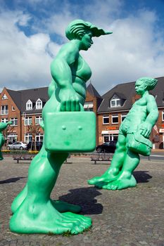 The art figures of travelers giant at the train station in Westerland on the island of Sylt/Germany
