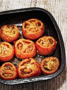 close up of rustic roasted tomatoes