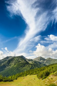 Mountain landscape of Retezat National Park in South Carpatians, Transylvania, Romania, Europe. Small lake with blue sky reflection at center.