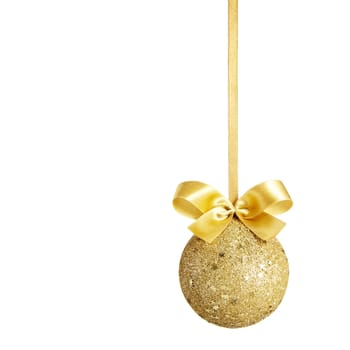 Gold Christmas ball with bow isolated on white background. White copy space for your text and logo.