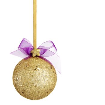 Gold Christmas ball with bow isolated on white background. White copy space for your text and logo.