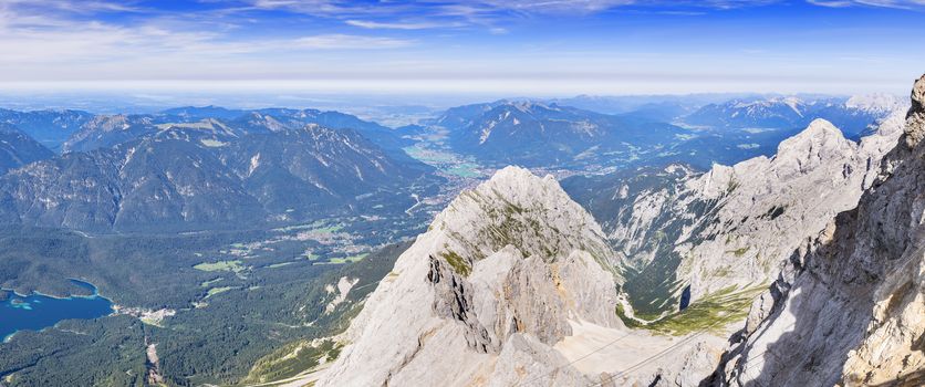 Panorama image from the mountain Zugspitze in Bavaria, Germany in summer