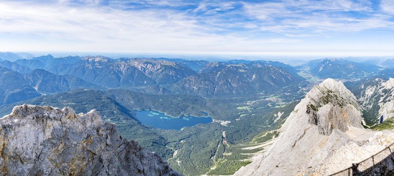 Panorama image from the mountain Zugspitze in Bavaria, Germany in summer