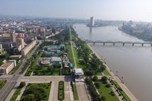  Aerial view of the city in Pyongyang, North Korea. Pyongyang is the capital city of the DPRK.