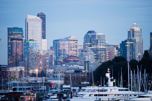 Glimmering new buildings line the contemporary Seattle Skyline