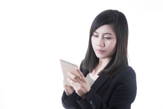 Asian woman in business office concept with note paper in her hand on white background