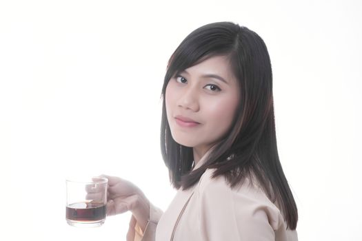 Asian woman in business office concept with black coffee on white background