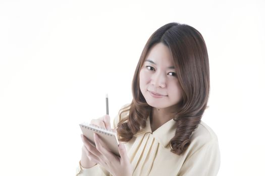 Asian woman in business office concept with note paper on white background