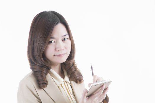 Asian woman in business office concept with note paper on white background
