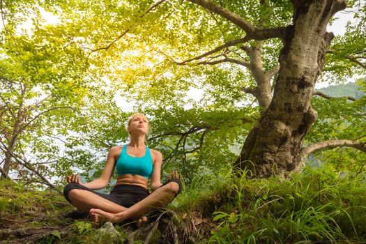 Relaxed woman enjoying freedom and life in beautiful natural environment. Blissful girl in lotus pose feeling relaxed, free and happy. Concept of freedom, happiness, enjoyment and natural balance.