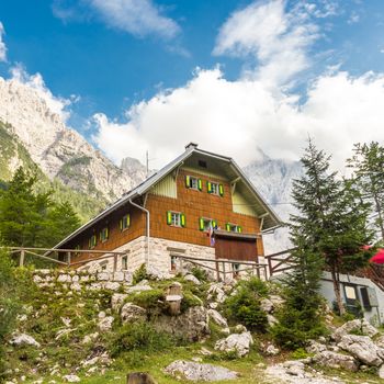 Aljaz Lodge in the Vrata Valley, a mountain hut that lies near the stream Triglav Bistrica in the upper end of the Vrata Valley in Triglav National Park in Julian Alps, Slovenia, Europe.
