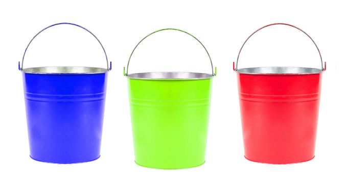 blue, green, red buckets isolated