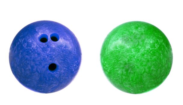 blue and green marbled bowling balls isolated