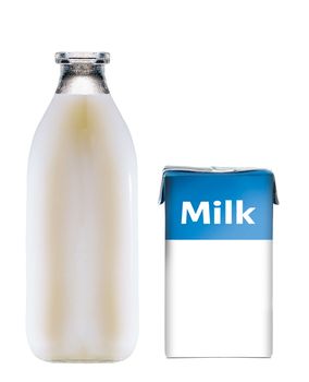 bottle of milk and carton with milk on white background