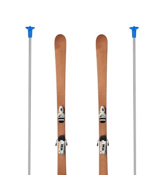 Pair of old wooden alpine skis isolated