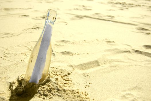 Message conceptual image. Message in a bottle on sand.