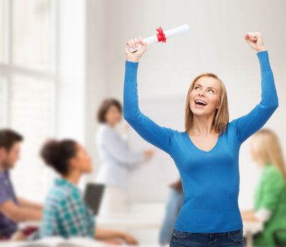 university and education concept - smiling woman with diploma