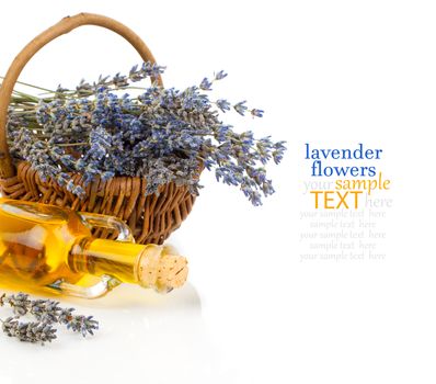 Spa still life with lavender oil and flowers on white background