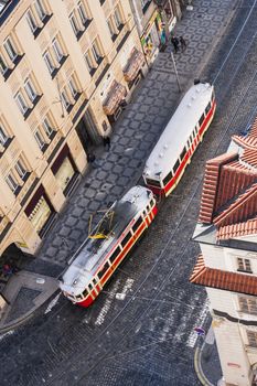 Prague street aerial view with old tramway