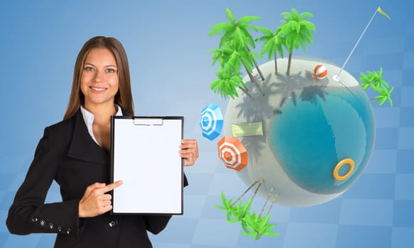 Businesswoman smiling and looking at camera on abstract blue background
