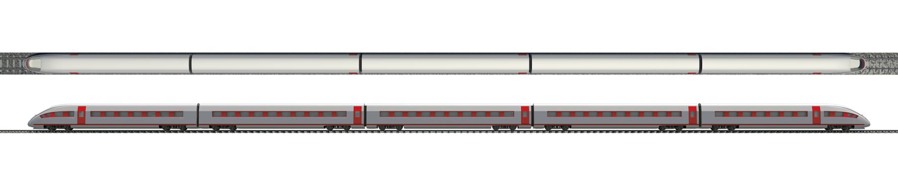 Long train with stripes on isolated white background, top and side views